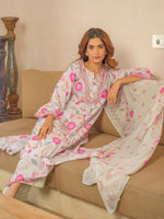 Thumbnail for Sangria Floral Printed Pleated A-Line Kurta With Palazzos & Dupatta