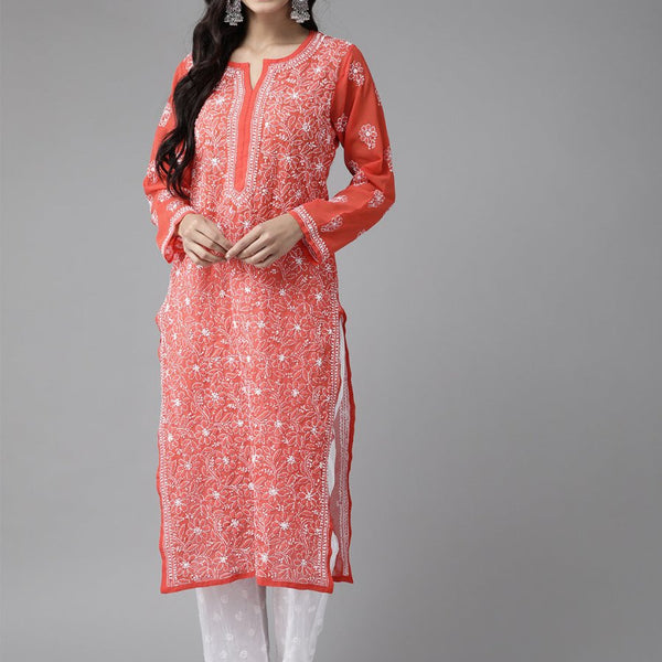 ADA Women Red & White Sustainable Hand Embroidered Chikankari Handloom Kurta with Palazzos - Distacart