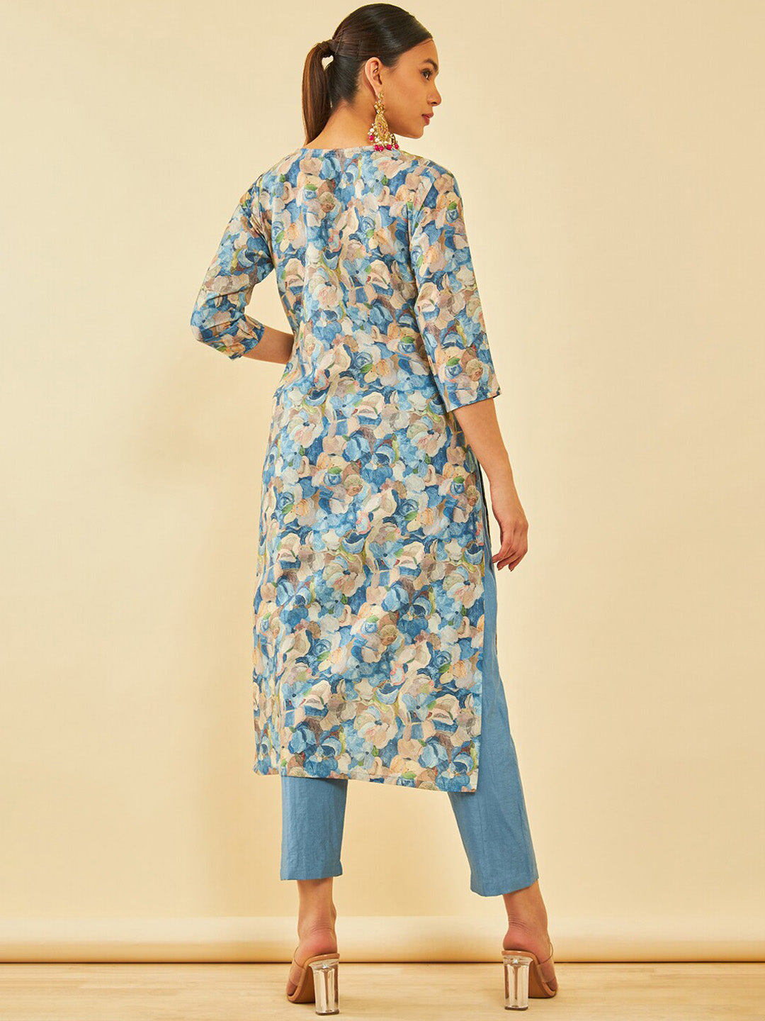 Soch Floral Printed V-Neck Three-Quarter Sleeves Beads and Stones Kurta with Trousers - Distacart