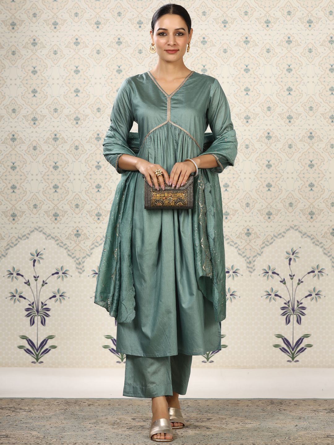Ode by House of Pataudi Gotta Patti Empire Kurta with Trousers & Dupatta - Distacart