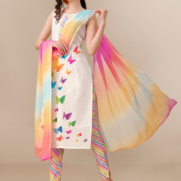 Sangria White Conversational Printed Sequinned Straight Kurta & Trouser With Dupatta - Distacart