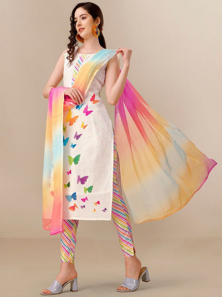 Sangria White Conversational Printed Sequinned Straight Kurta & Trouser With Dupatta