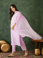 Thumbnail for The52 Purple Women's Gorgeous Cotton Blend Fabric Thread Work Straight Kurta, Pant and Dupatta Set - Distacart