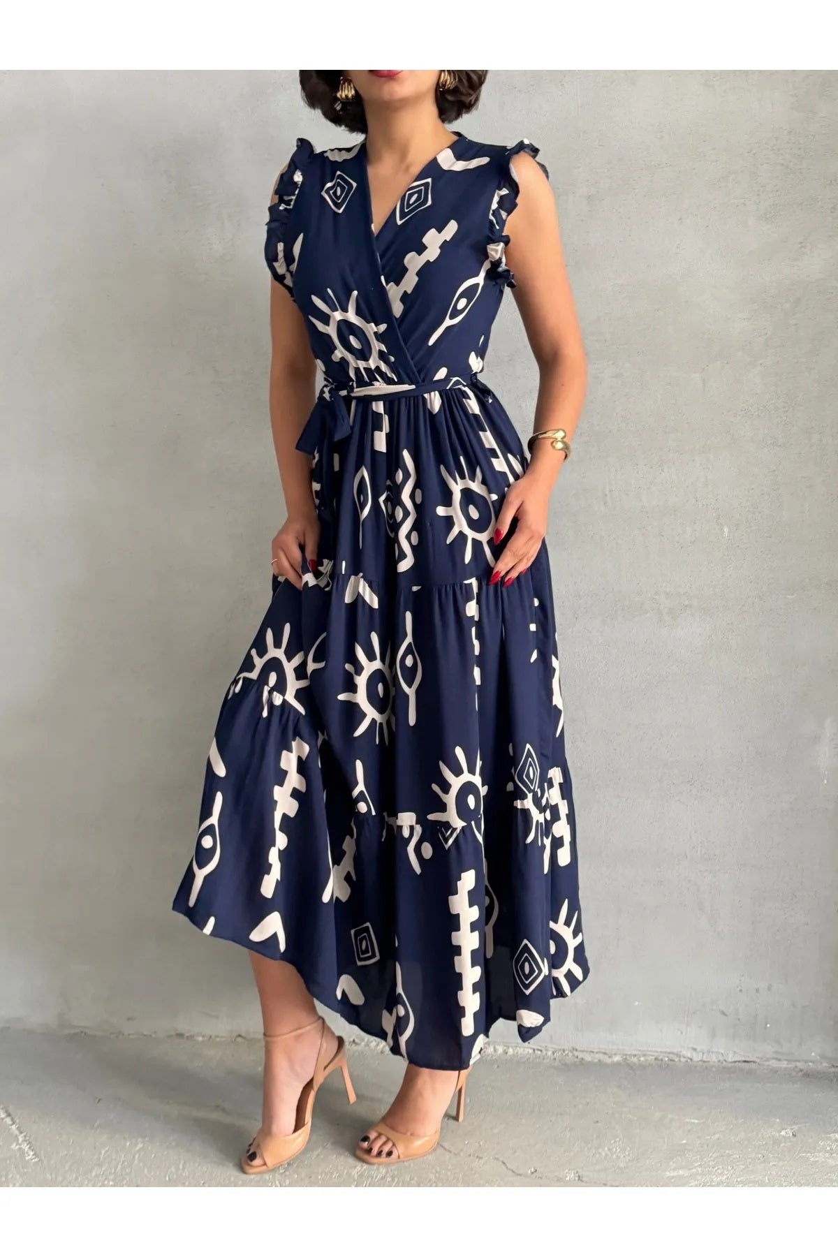 Pimu V-Neck Maxi Dress with Blue Graphic Print