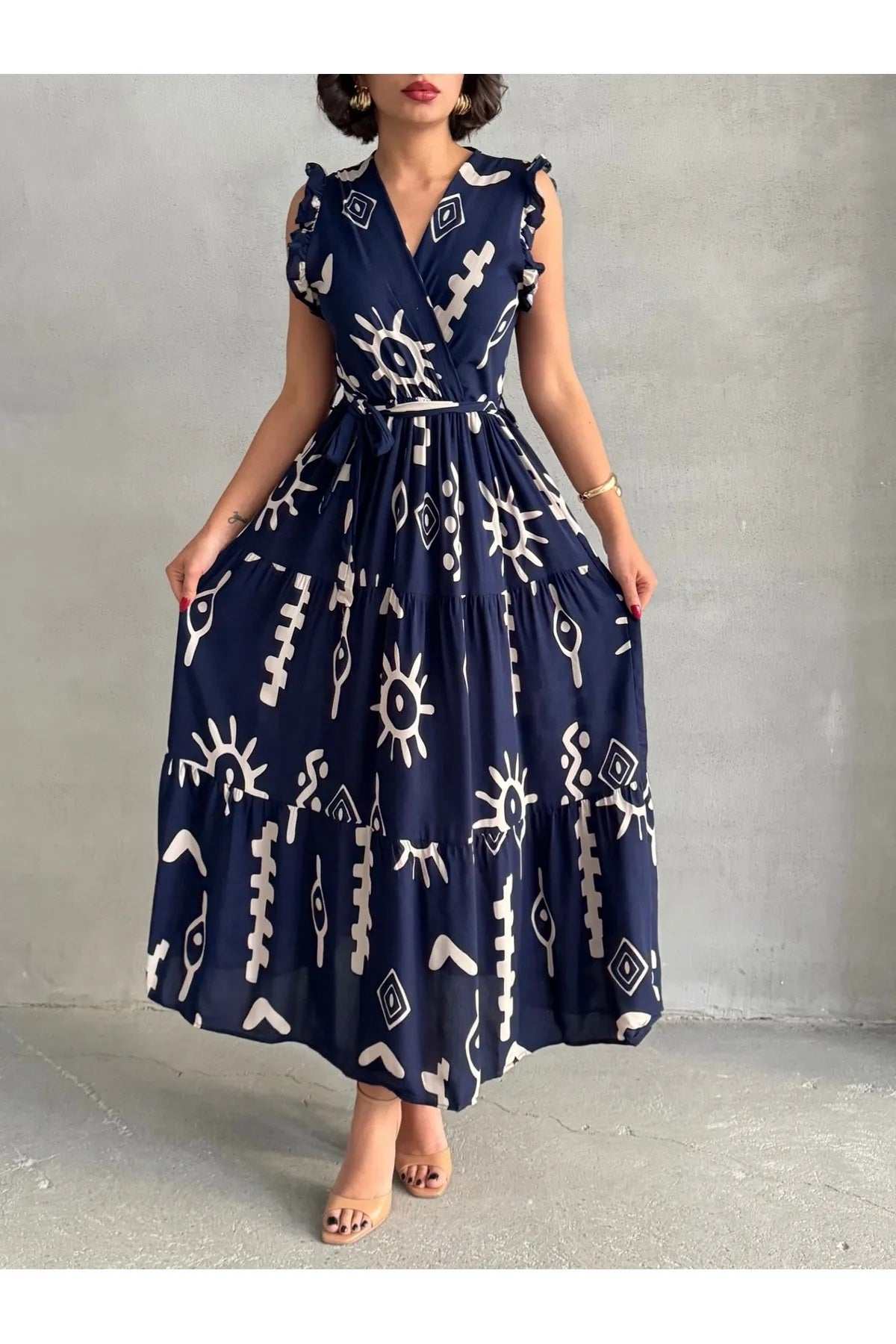 Pimu V-Neck Maxi Dress with Blue Graphic Print