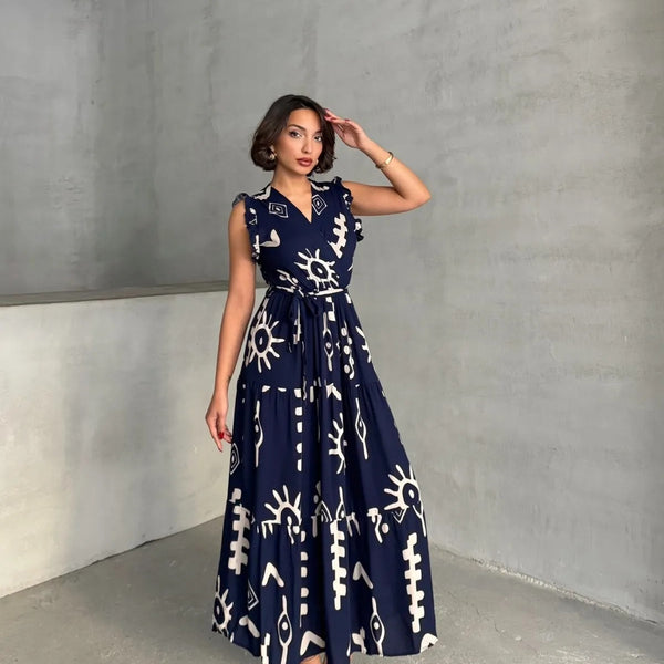 Pimu V-Neck Maxi Dress with Blue Graphic Print