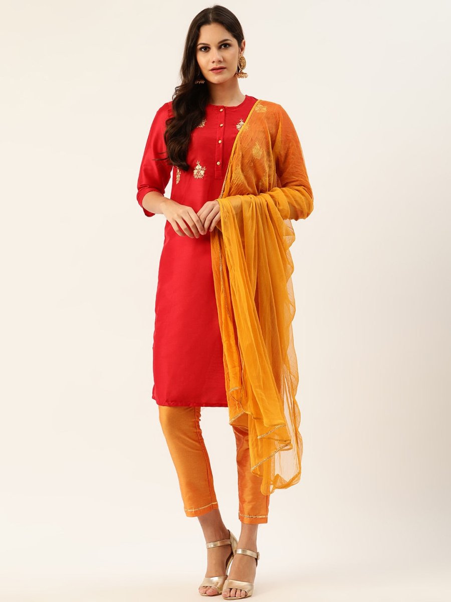 All About You Women Red & Orange Embroidered Yoke Design Kurta set with Dupatta - Distacart