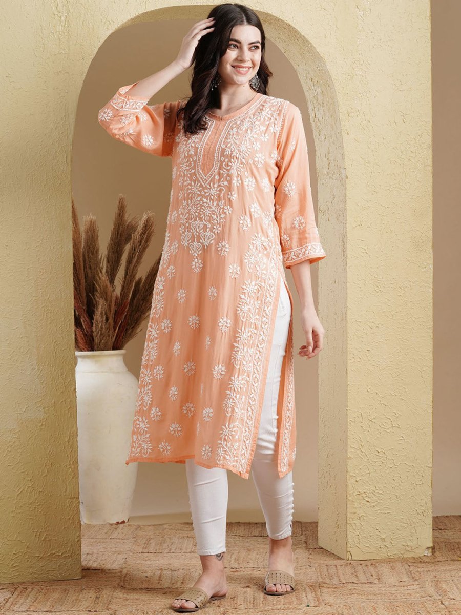 ADA Ethnic Motifs Embroidered Lucknowi Chikankari Detailed Modal Cotton Straight Kurta - Distacart