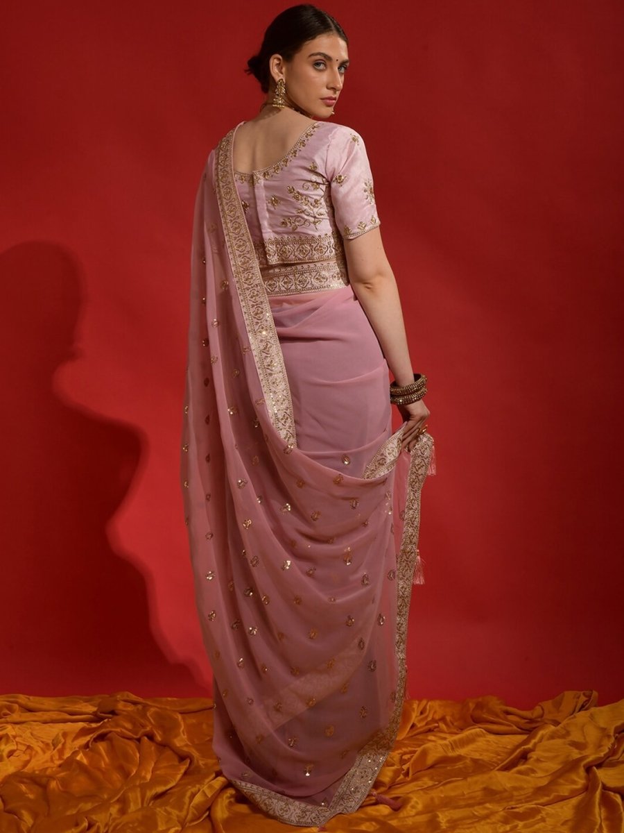 Anouk Pink & Gold-Toned Paisley Sequinned Pure Georgette Saree - Distacart