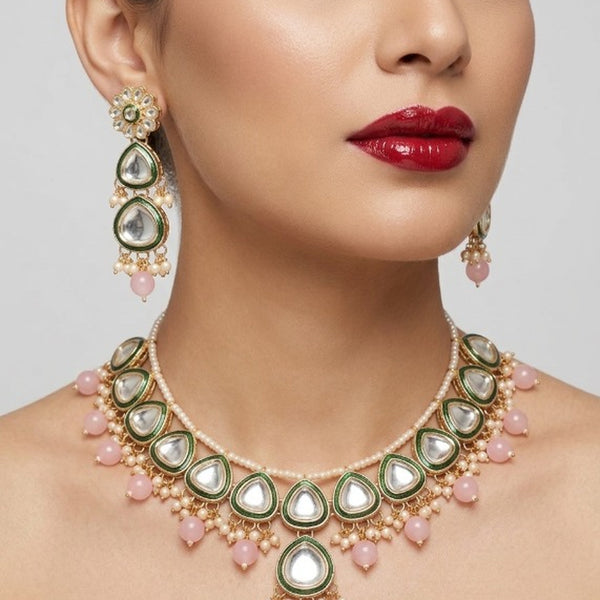 Jewel City undan Gold-Plated Pink Pearl Choker Necklace Set | Indian Ethnic Bridal Wedding Jewellery | Handcrafted - Distacart
