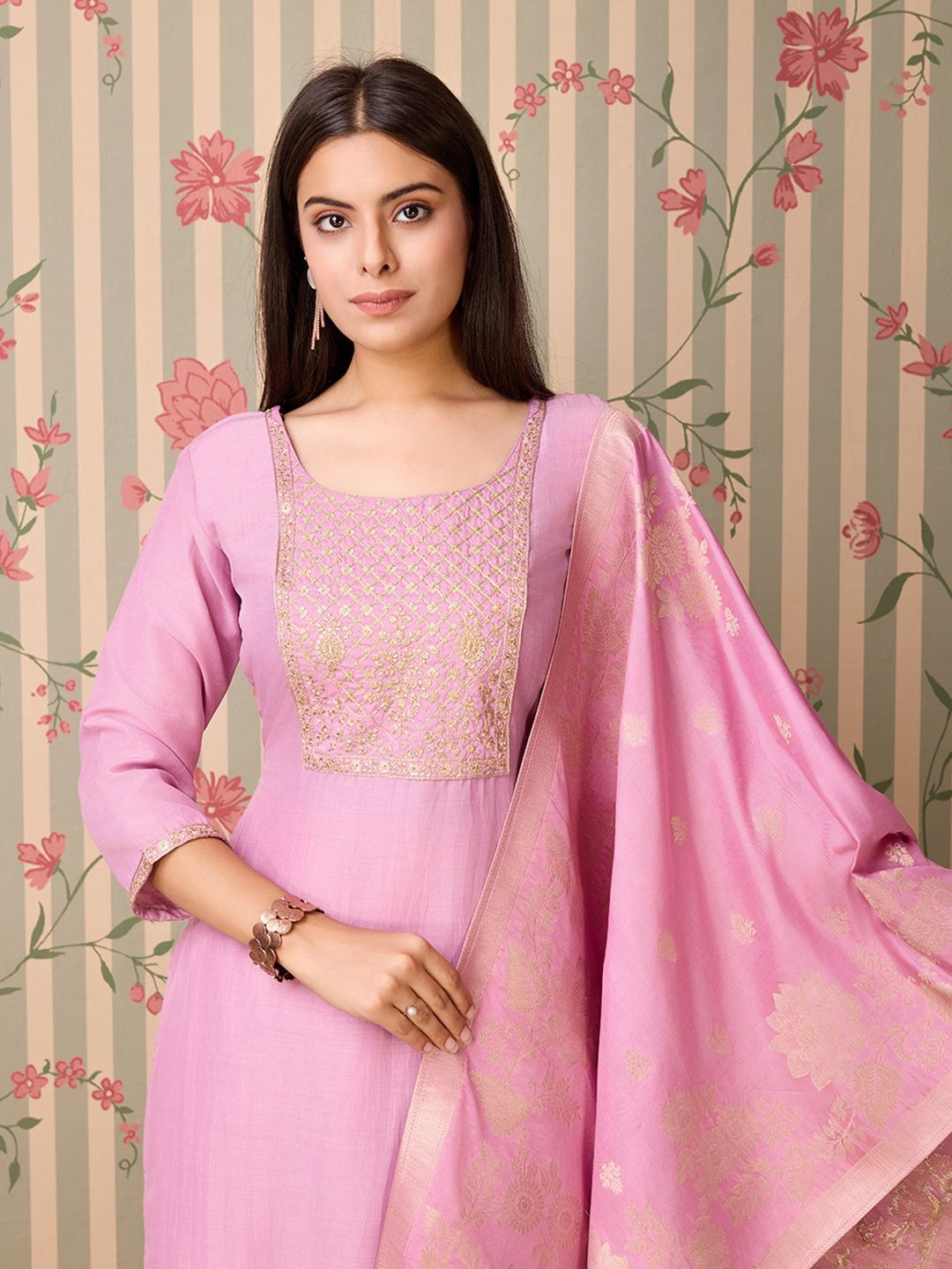 Ode by House of Pataudi Yoke Design Regular Thread Work Kurta with Trousers & With Dupatta - Distacart