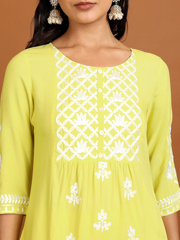 Vishudh Yellow Floral Embroidered Straight Kurta with Palazzos