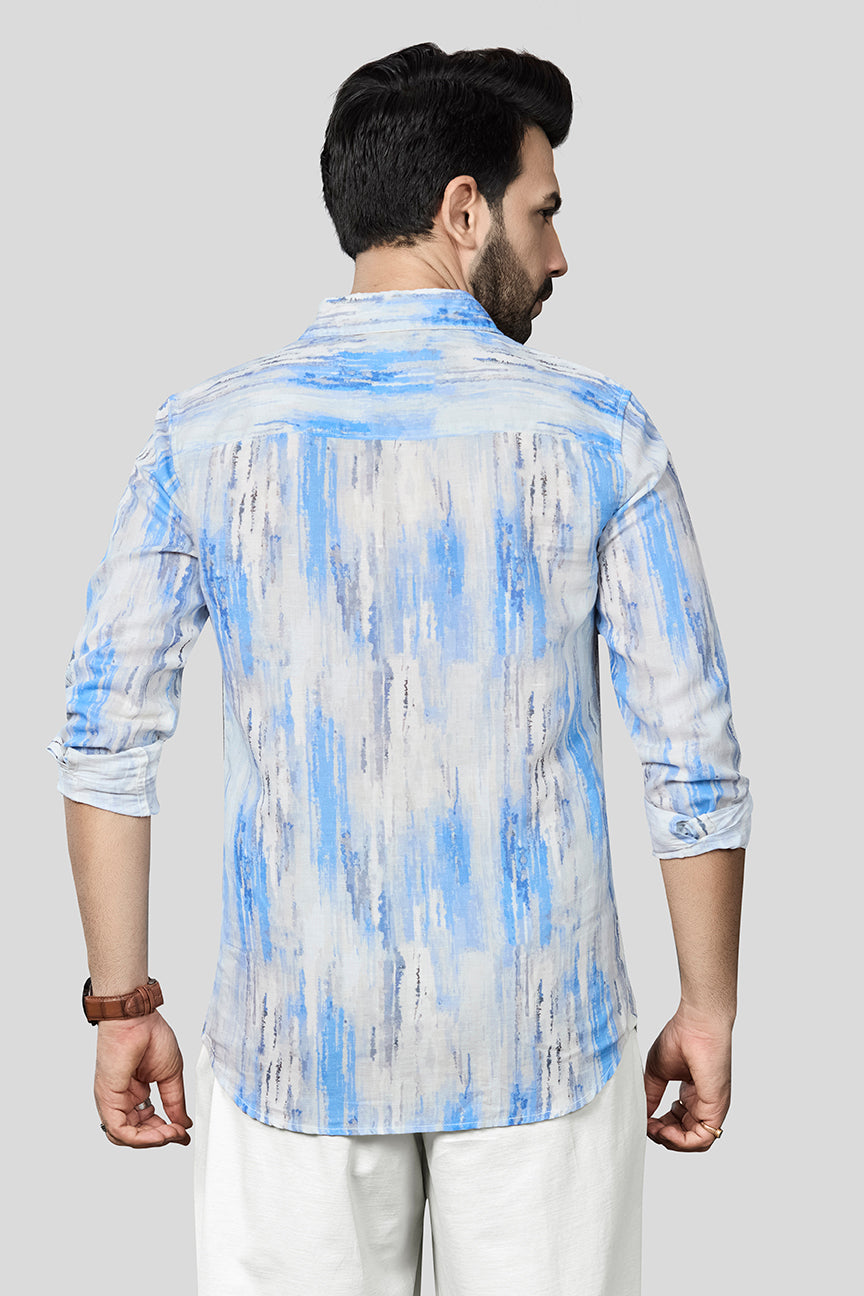 Xkind Skyblue Linen Printed Slim Fit Shirt - Distacart