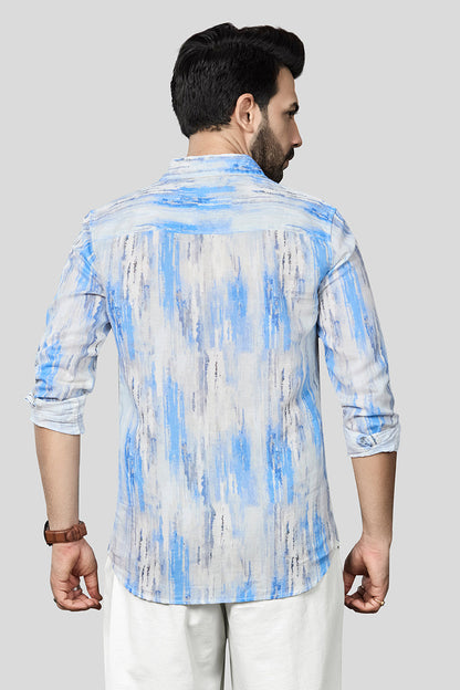 Xkind Skyblue Linen Printed Slim Fit Shirt - Distacart