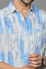 Thumbnail for Xkind Skyblue Linen Printed Slim Fit Shirt