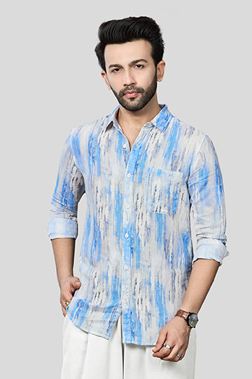 Xkind Skyblue Linen Printed Slim Fit Shirt