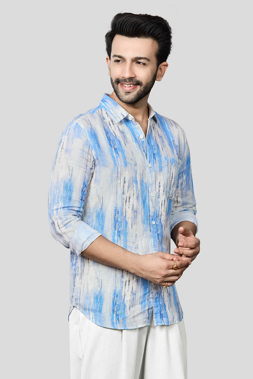 Xkind Skyblue Linen Printed Slim Fit Shirt - Distacart