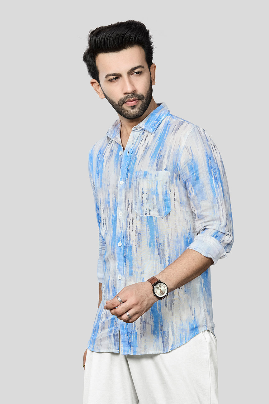 Xkind Skyblue Linen Printed Slim Fit Shirt - Distacart