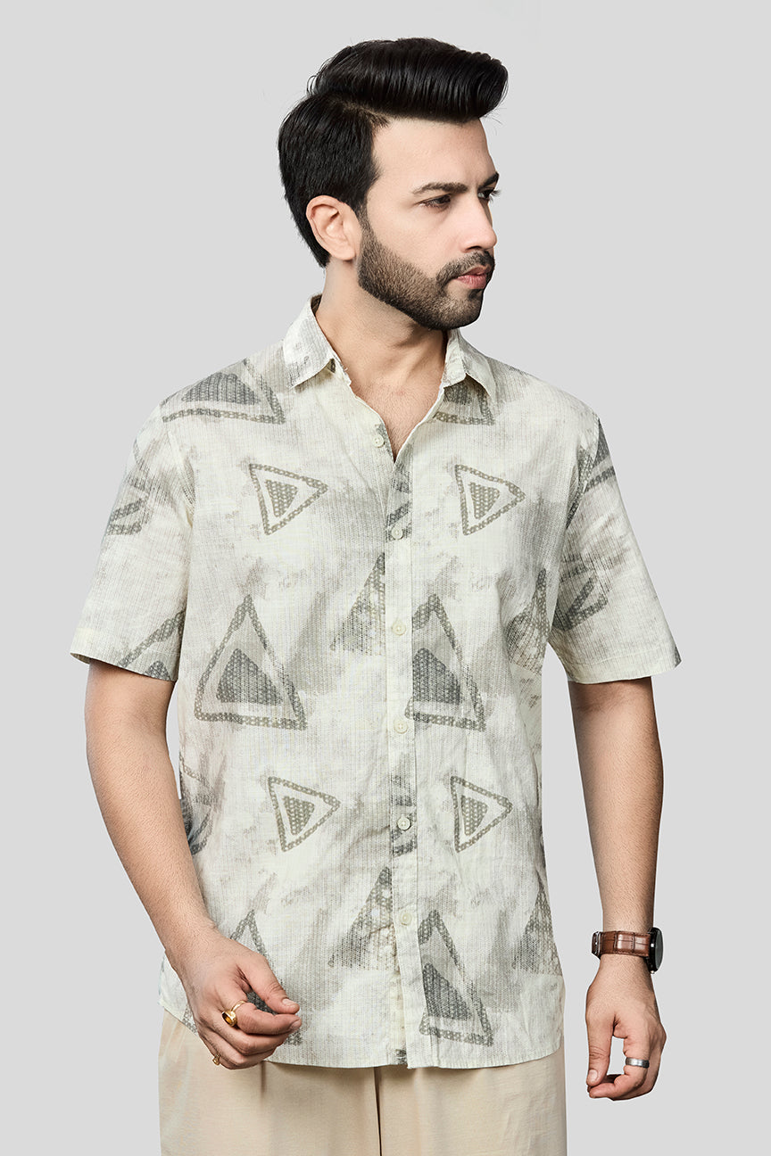 Xkind Light Green Cotton Slub Printed Shirt