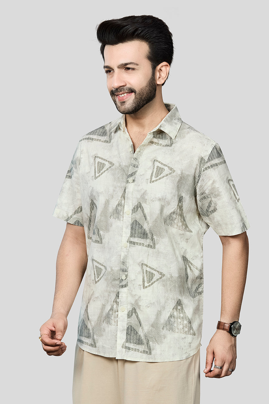 Xkind Light Green Cotton Slub Printed Shirt