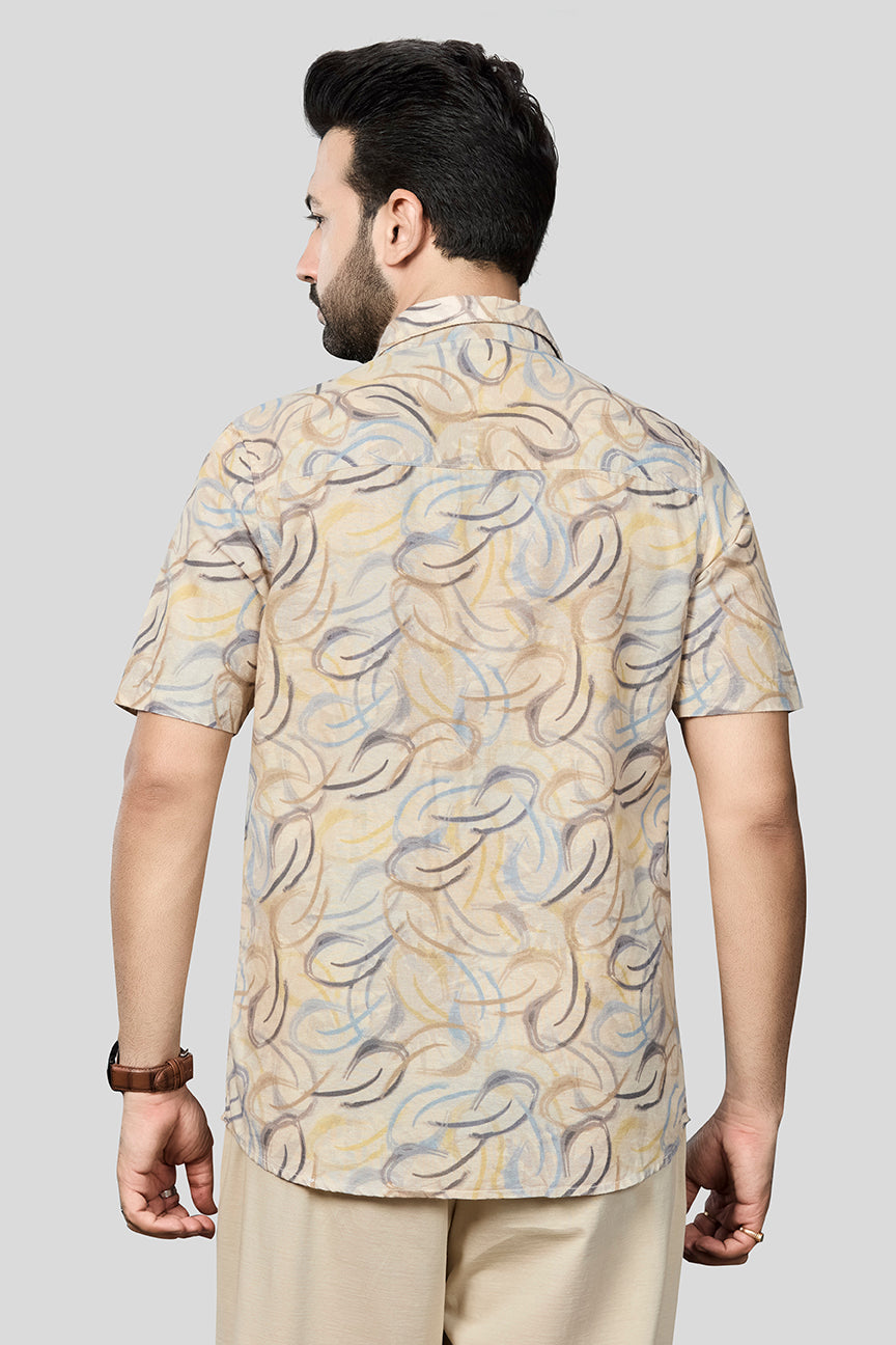 Xkind Beige Linen Printed Regular Fit Shirt