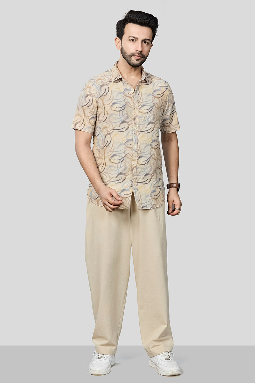 Xkind Beige Linen Printed Regular Fit Shirt