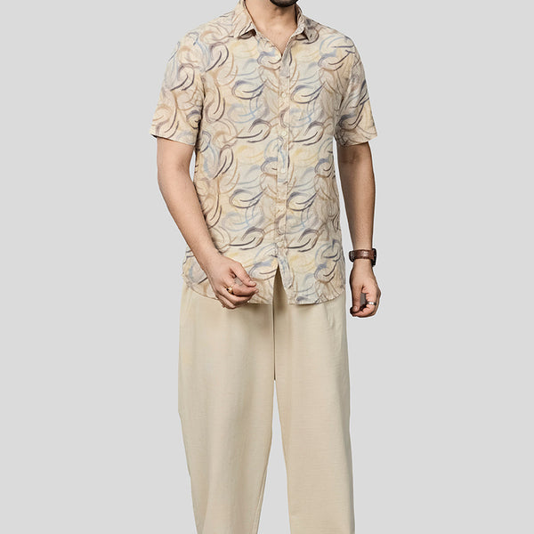 Xkind Beige Linen Printed Regular Fit Shirt