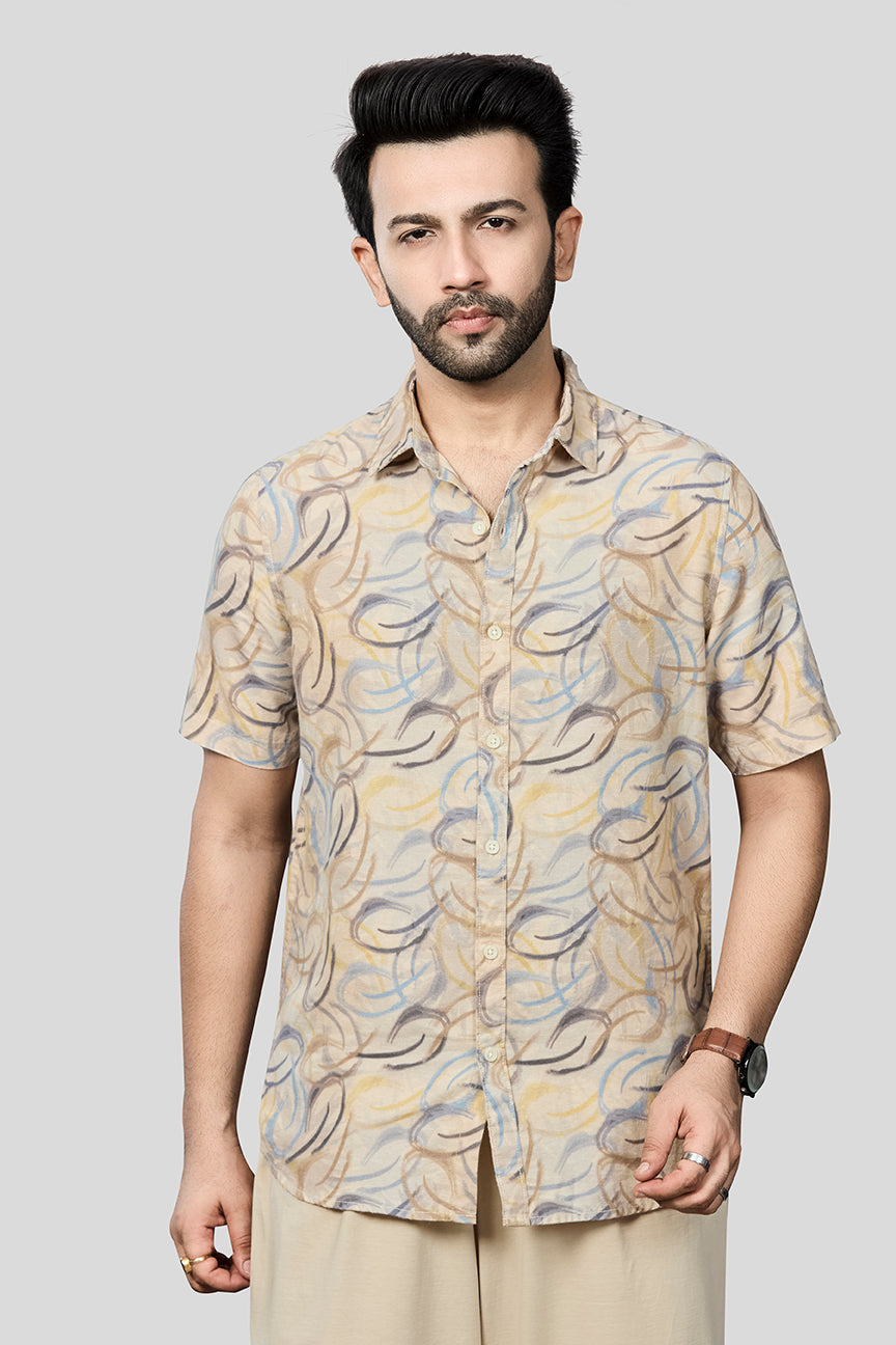 Xkind Beige Linen Printed Regular Fit Shirt