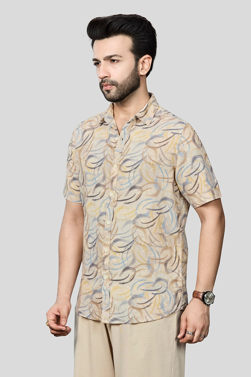 Xkind Beige Linen Printed Regular Fit Shirt