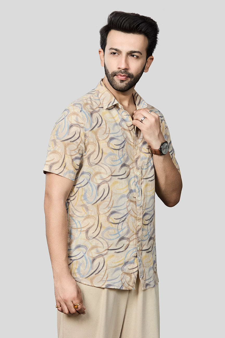 Xkind Beige Linen Printed Regular Fit Shirt