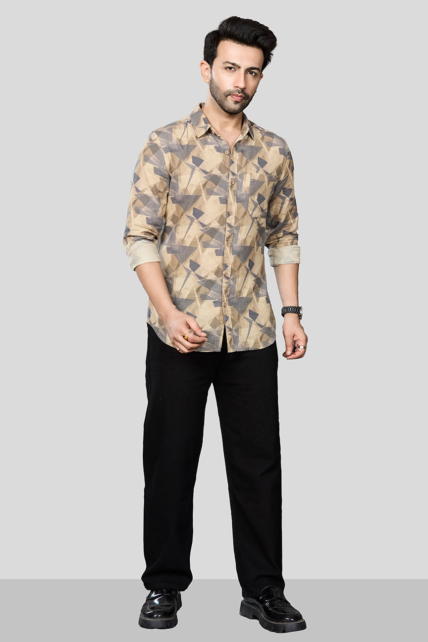 Xkind Beige Linen Printed Shirt