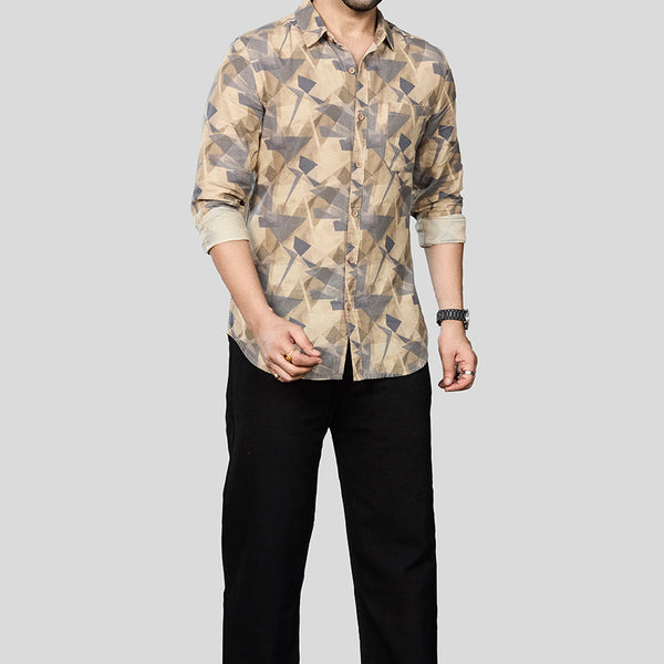 Xkind Beige Linen Printed Shirt