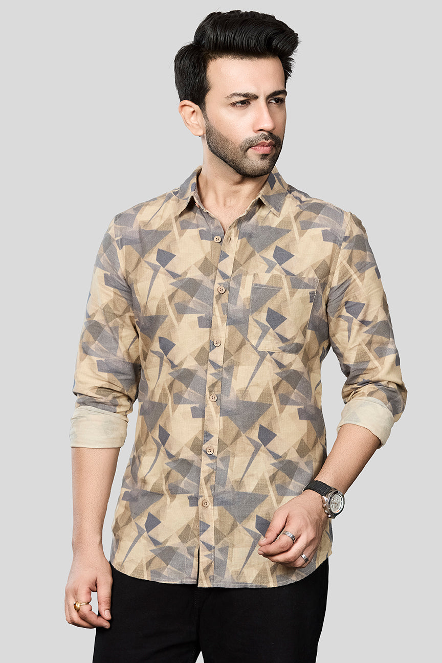 Xkind Beige Linen Printed Shirt