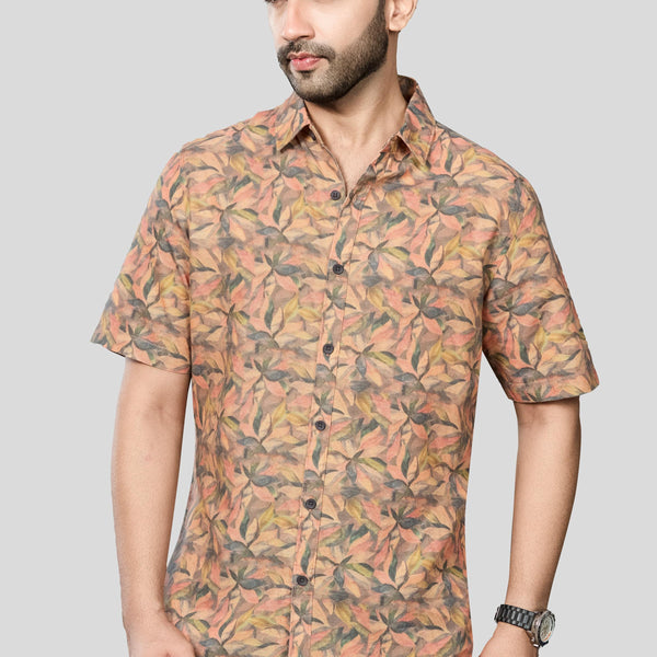 Xkind Orange Linen Printed Shirt