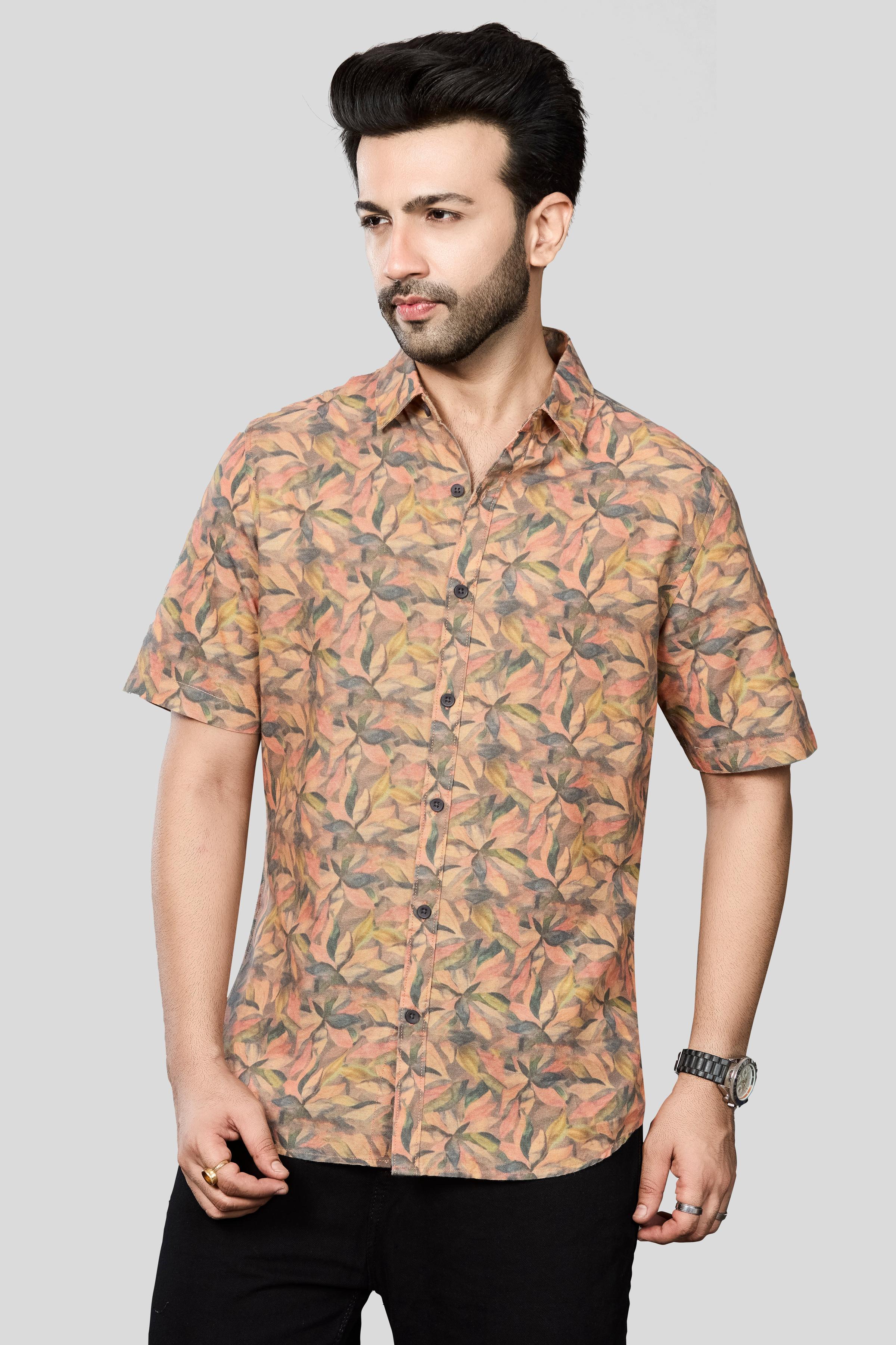 Xkind Orange Linen Printed Shirt