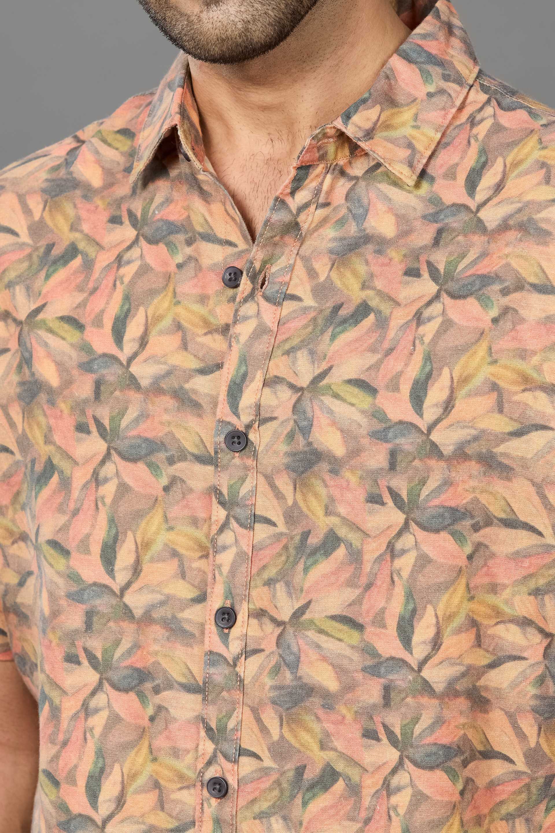 Xkind Orange Linen Printed Shirt