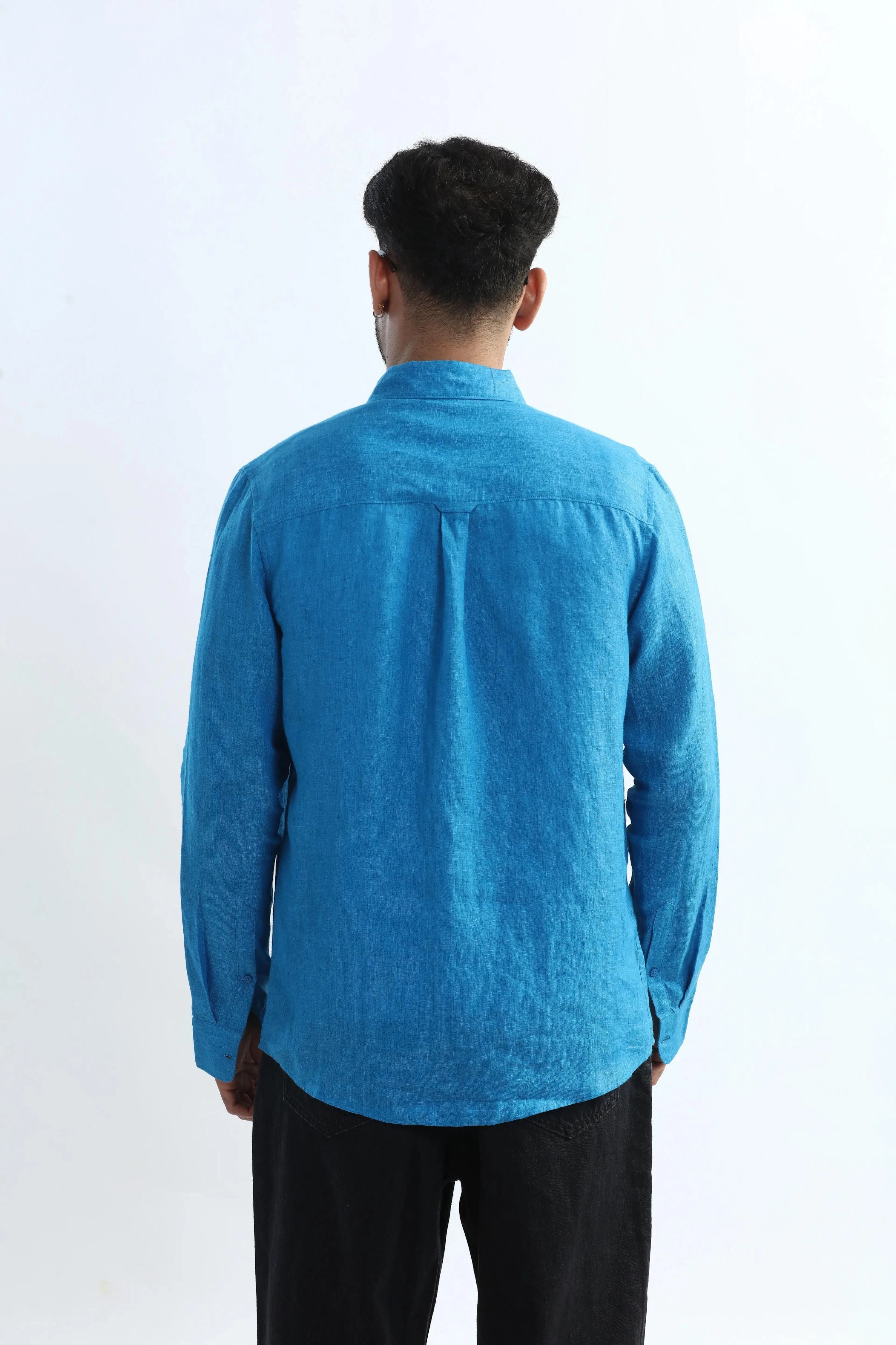 Xkind Blue 100% Pure Linen Button Down Casual Shirt