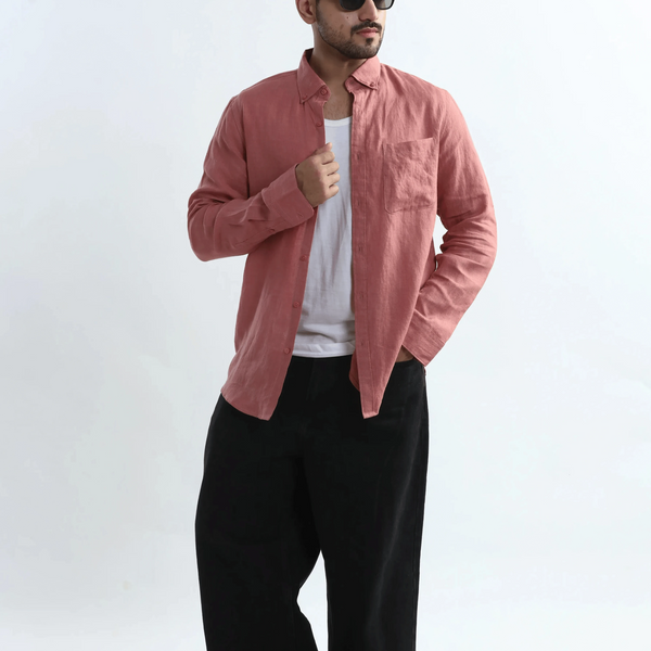 Xkind 100% Pure Linen Soft Peach Button Down Casual Shirt