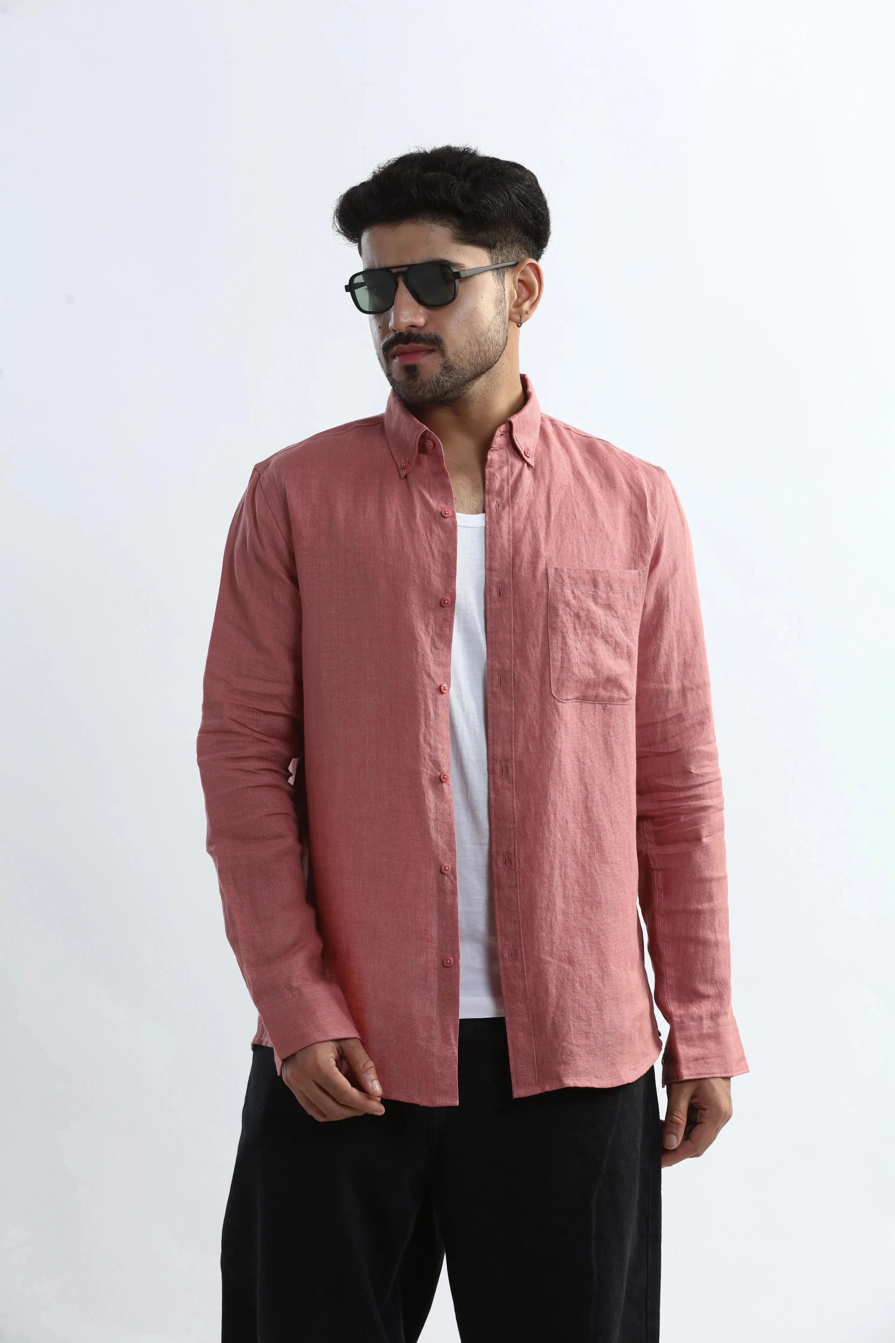 Xkind 100% Pure Linen Soft Peach Button Down Casual Shirt