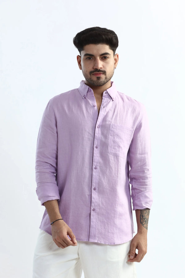Xkind 100% Pure Linen Lavender Button Down Casual Shirt