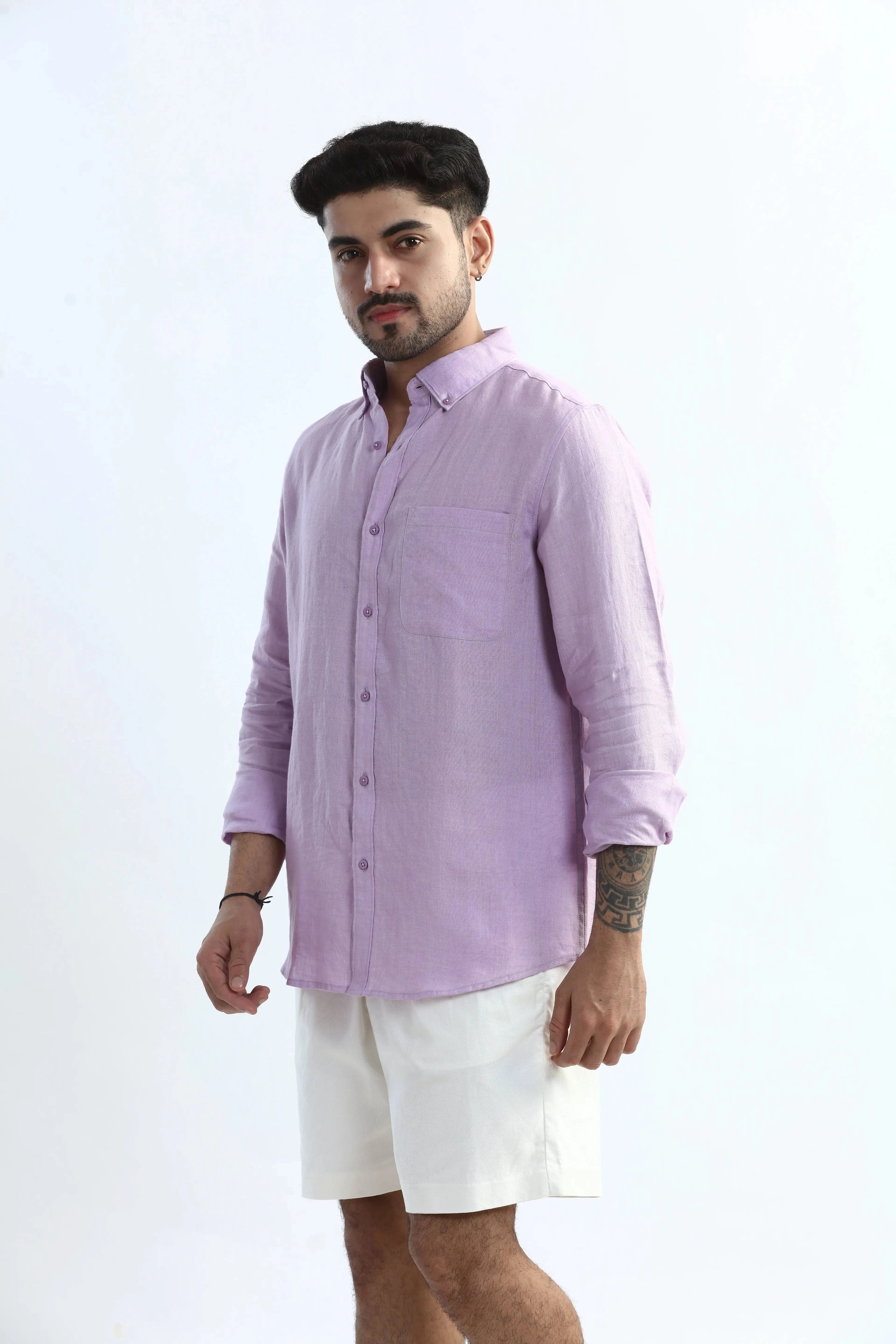 Xkind 100% Pure Linen Lavender Button Down Casual Shirt