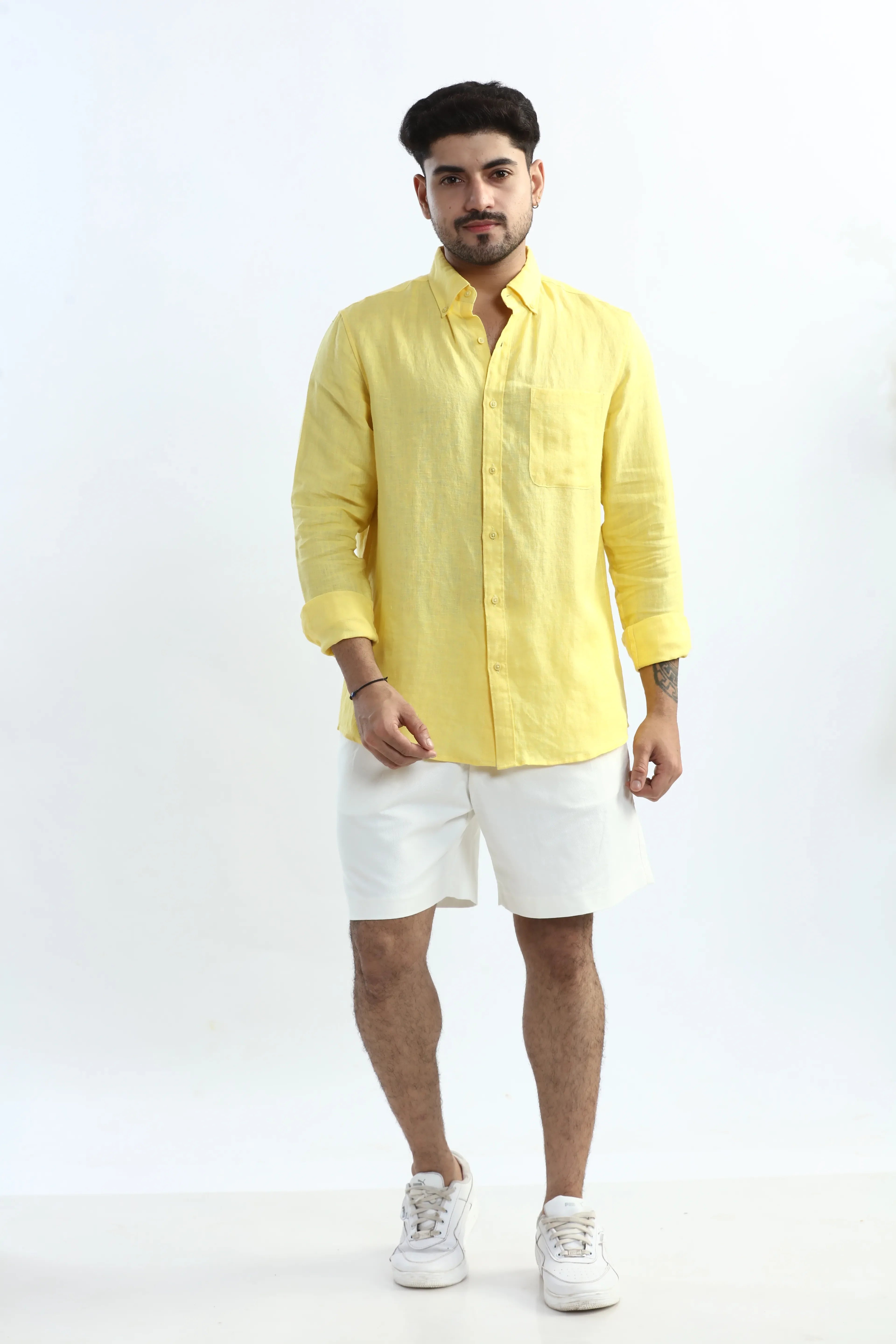 Xkind 100% Pure Linen Buttercup Yellow Button Down Casual Shirt
