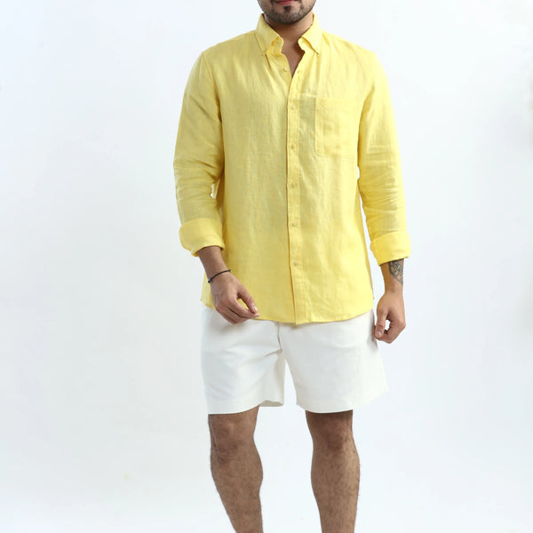 Xkind 100% Pure Linen Buttercup Yellow Button Down Casual Shirt