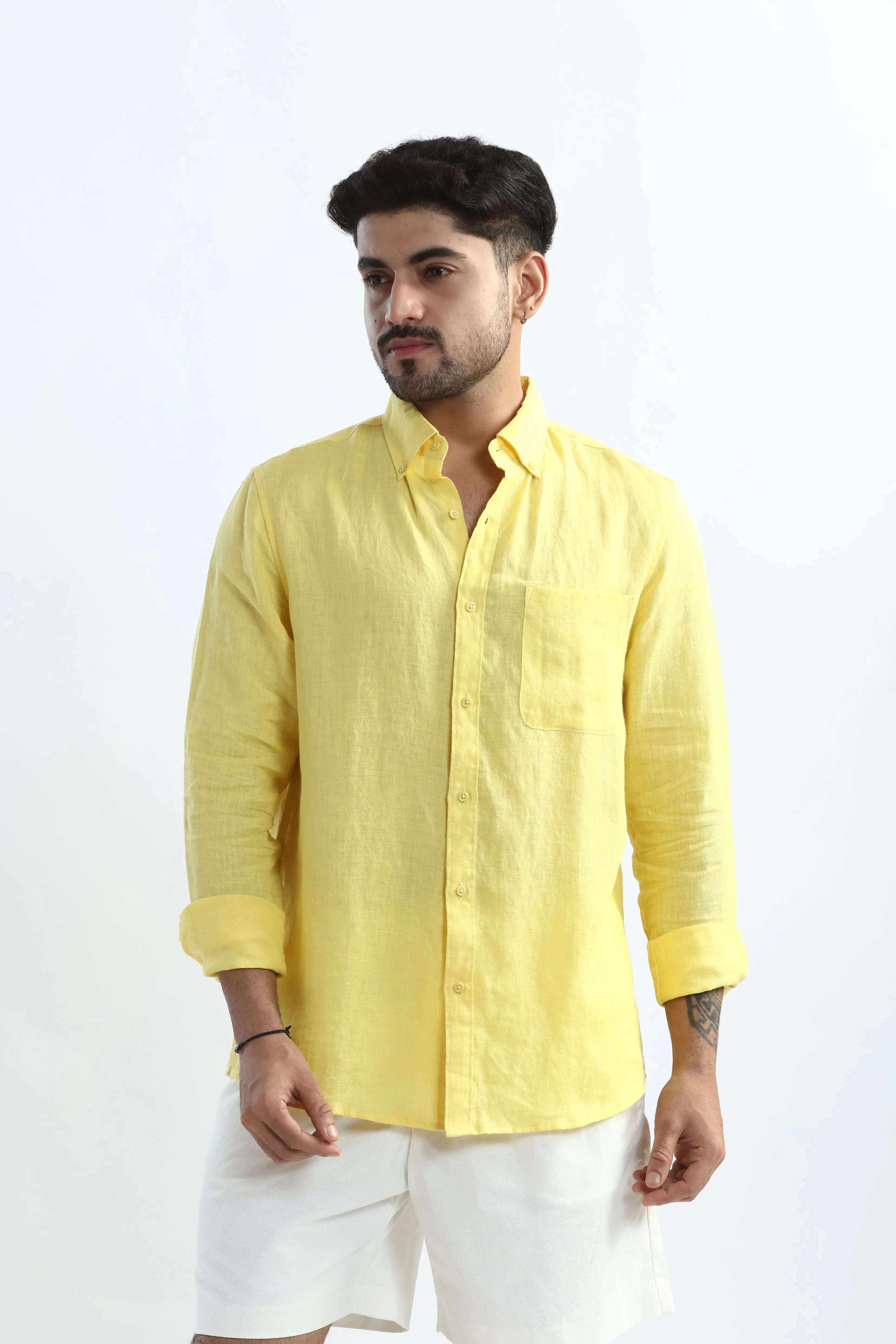 Xkind 100% Pure Linen Buttercup Yellow Button Down Casual Shirt