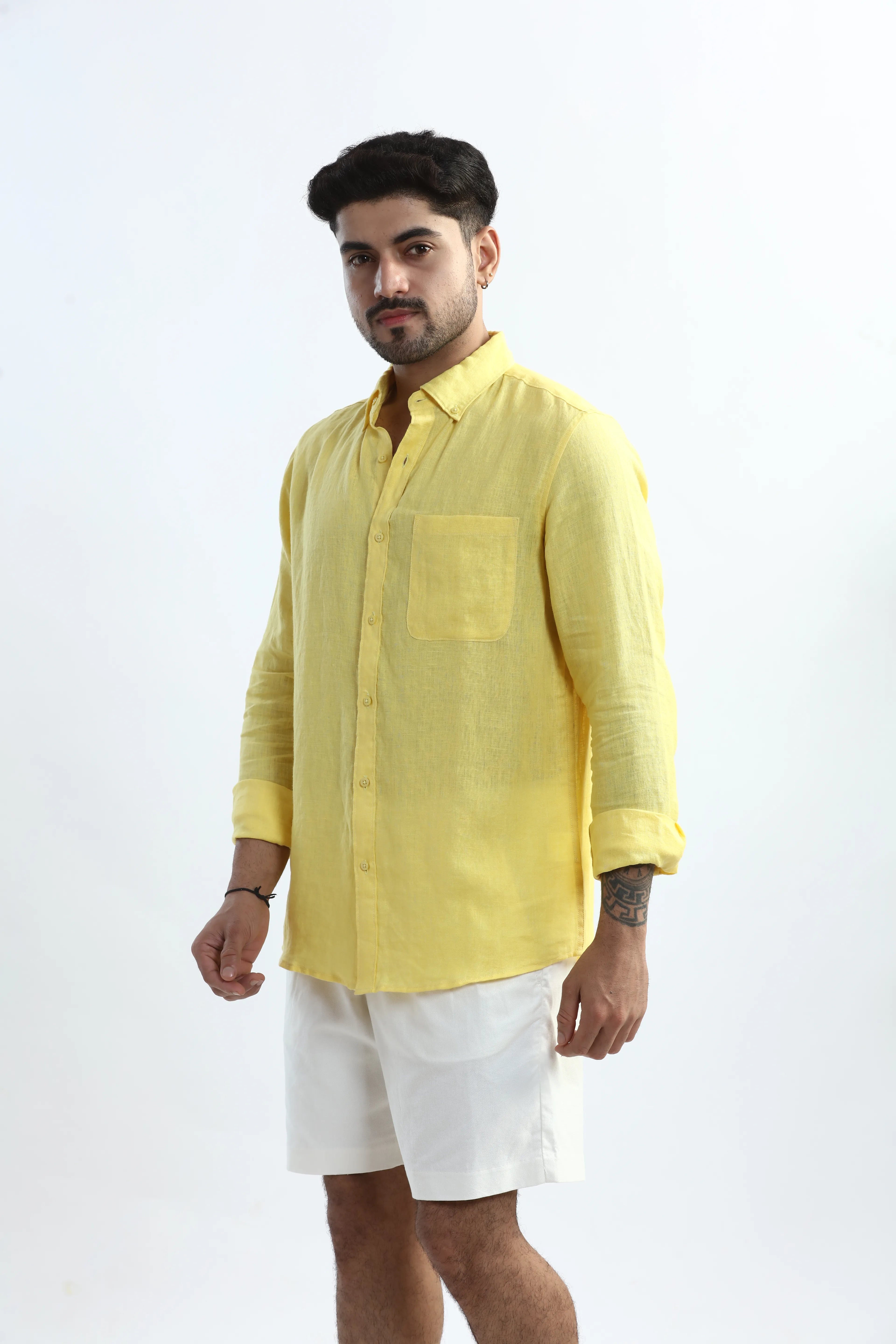Xkind 100% Pure Linen Buttercup Yellow Button Down Casual Shirt
