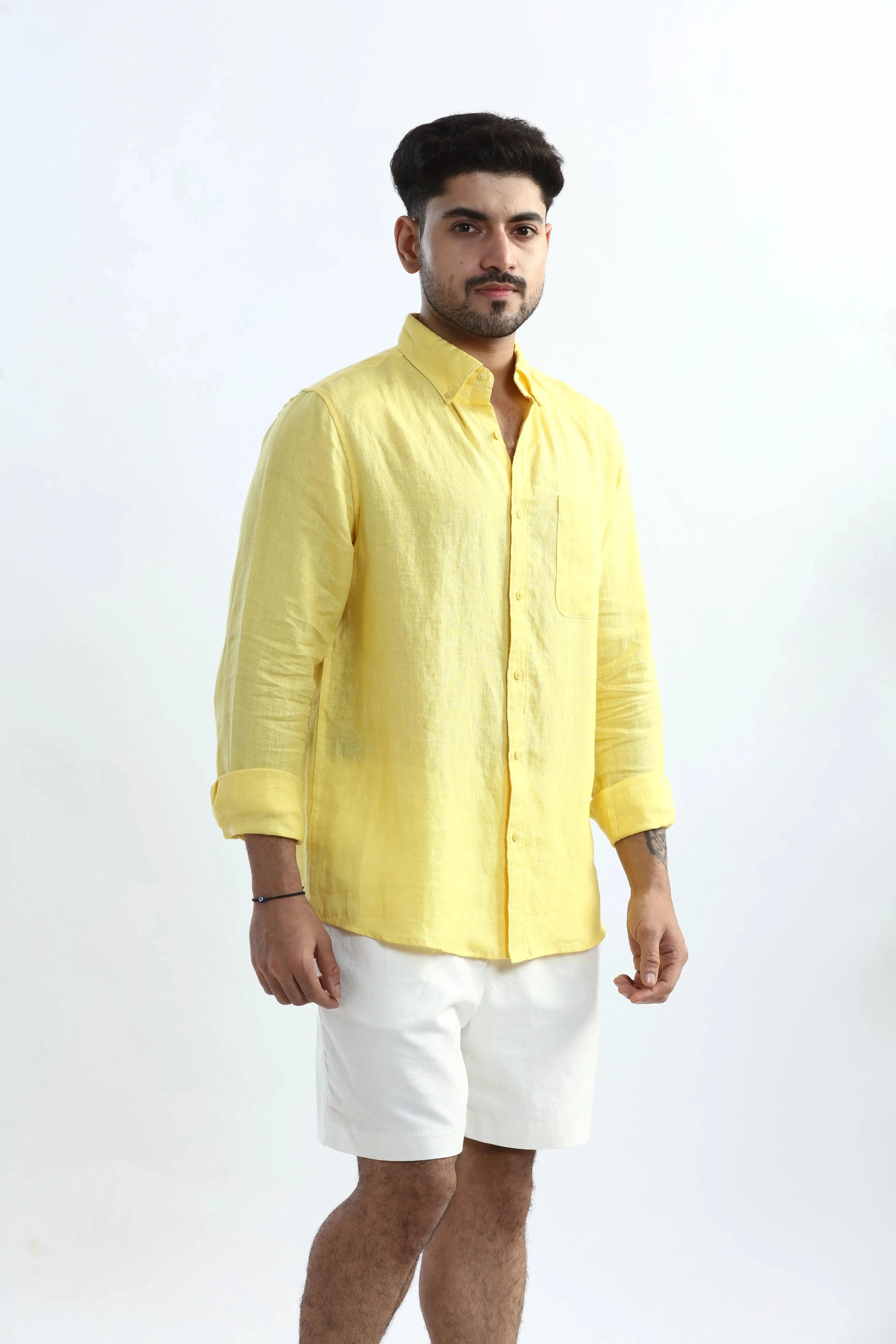 Xkind 100% Pure Linen Buttercup Yellow Button Down Casual Shirt
