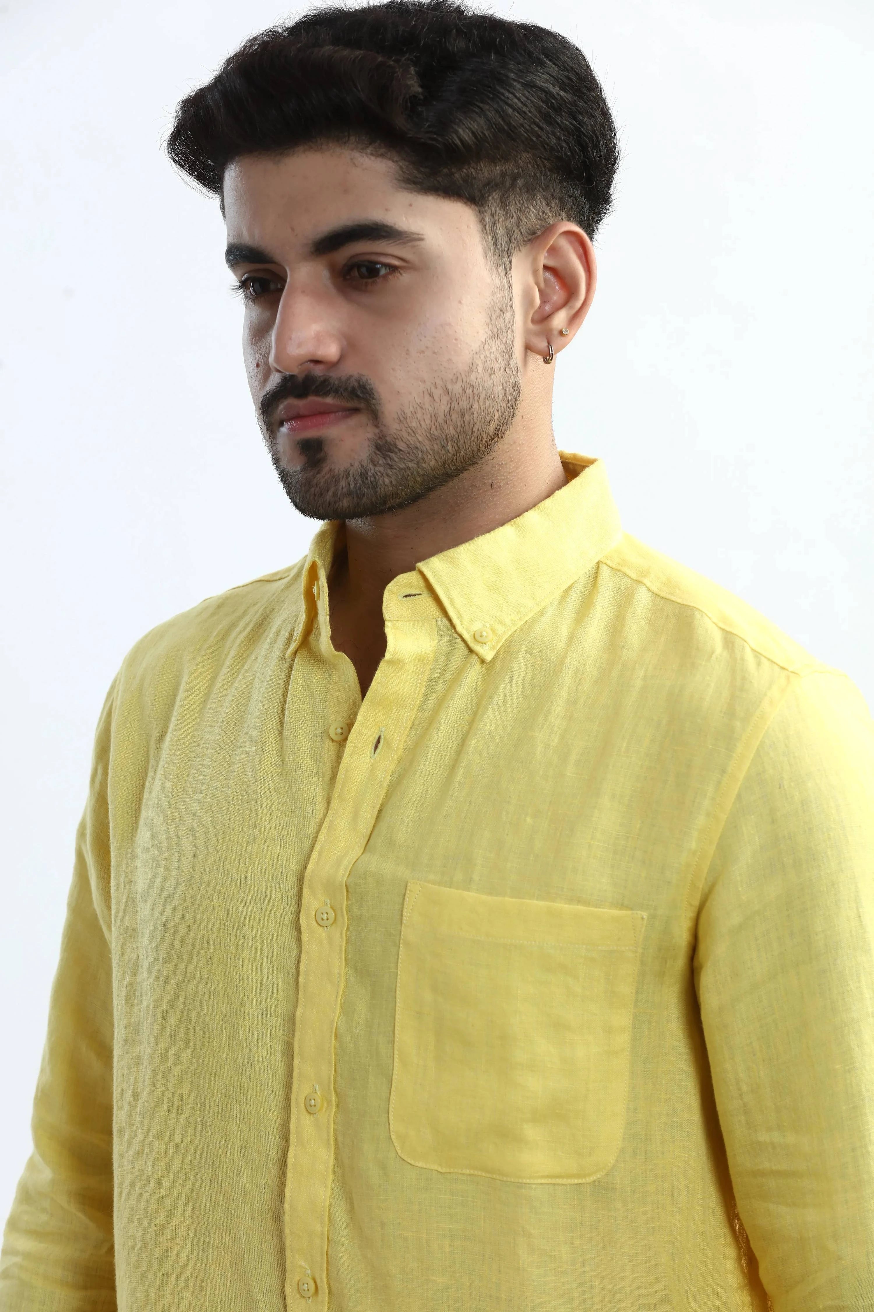 Xkind 100% Pure Linen Buttercup Yellow Button Down Casual Shirt