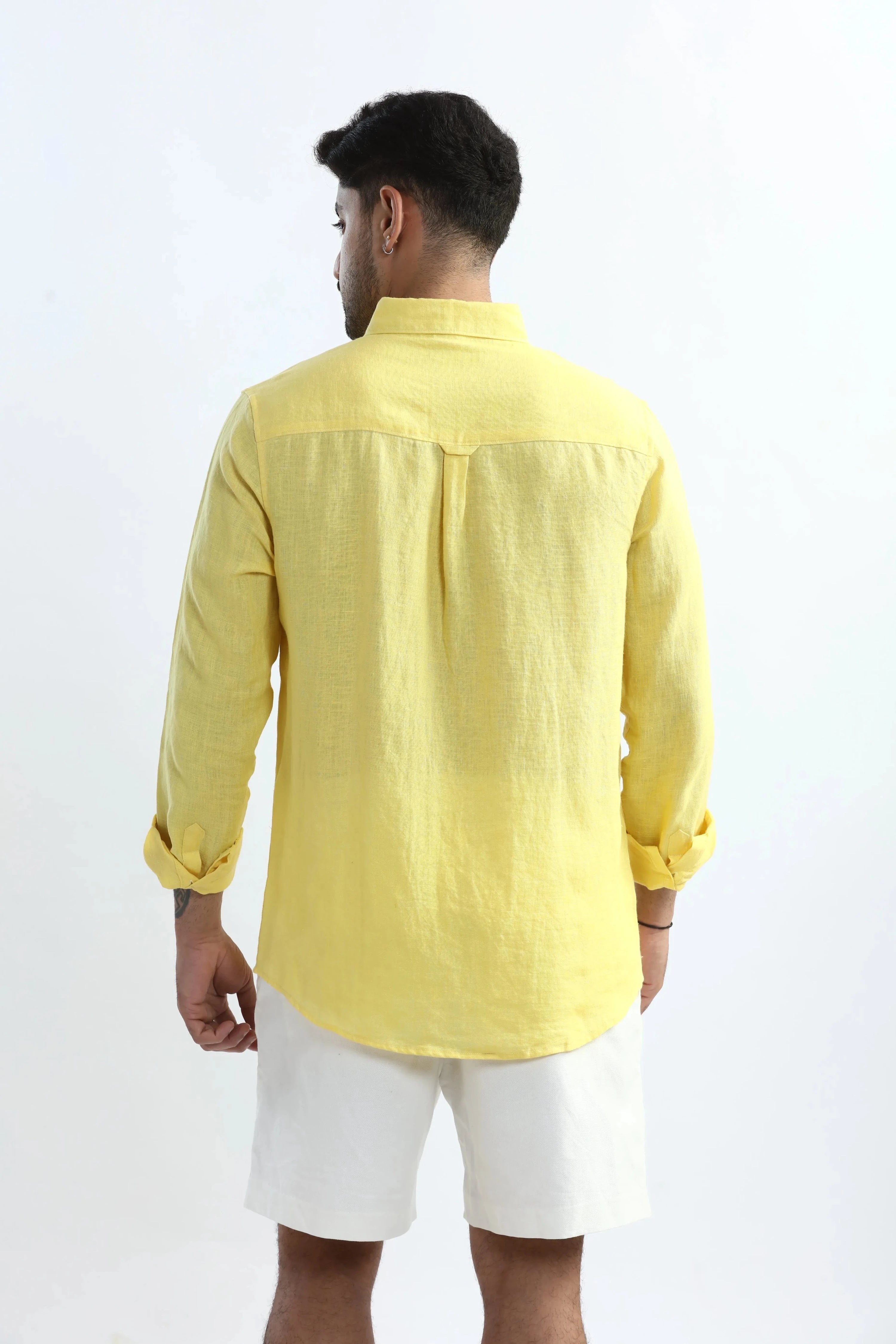 Xkind 100% Pure Linen Buttercup Yellow Button Down Casual Shirt