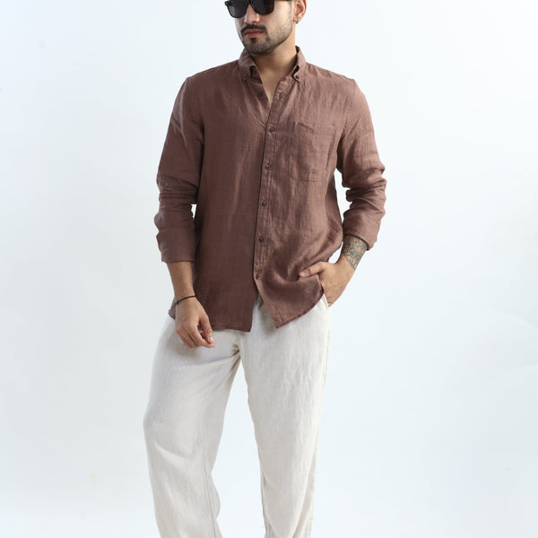 Xkind Brown 100% Pure Linen Mocha Mouse Button Down Casual Shirt