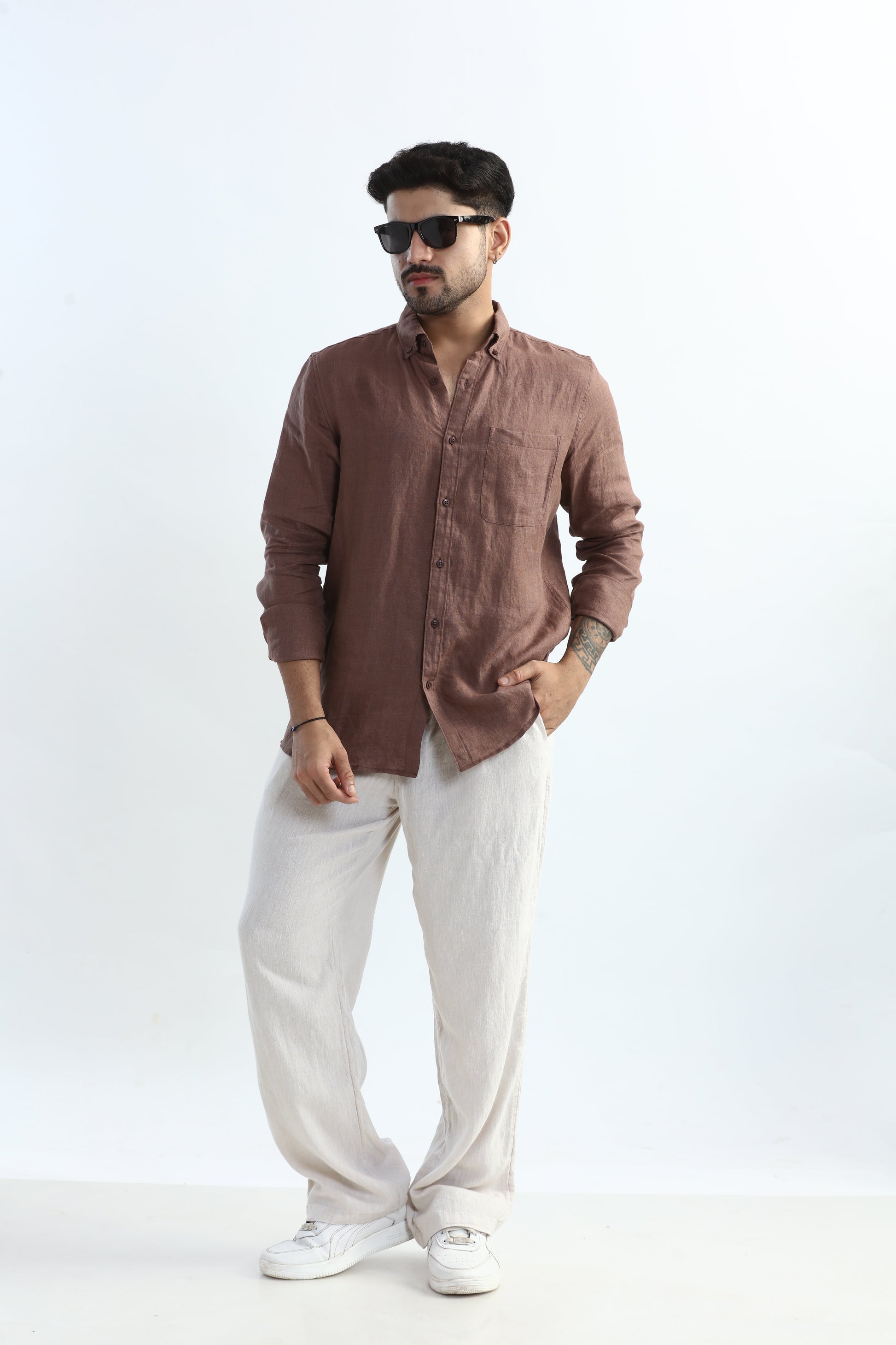 Xkind Brown 100% Pure Linen Mocha Mouse Button Down Casual Shirt - Distacart